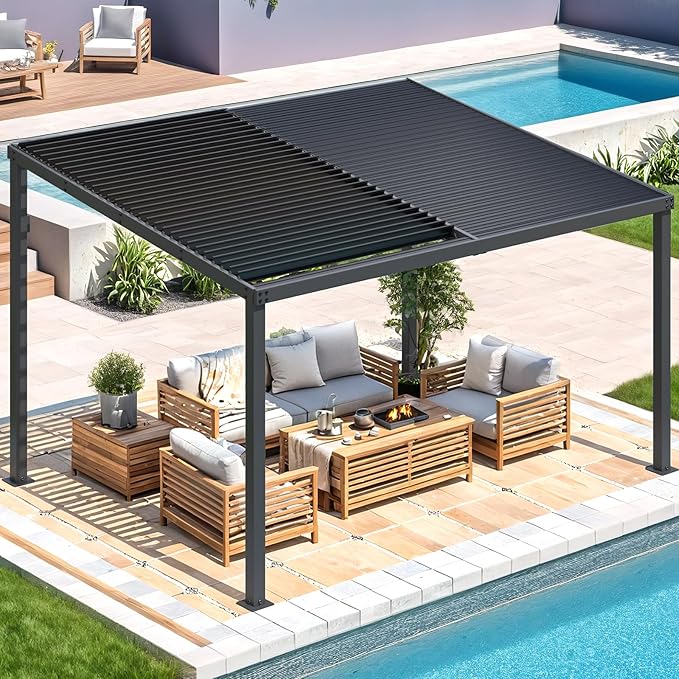 AECOJOY 13' x 10' Louvered Gazebo Pergola, 10x13 Outdoor Hardtop Wall-Mounted Lean to Gazebo with Adjustable Metal Rainproof Patio Roof, Pergolas and Gazebos Clearance, Heavy Duty Awnings for Patio