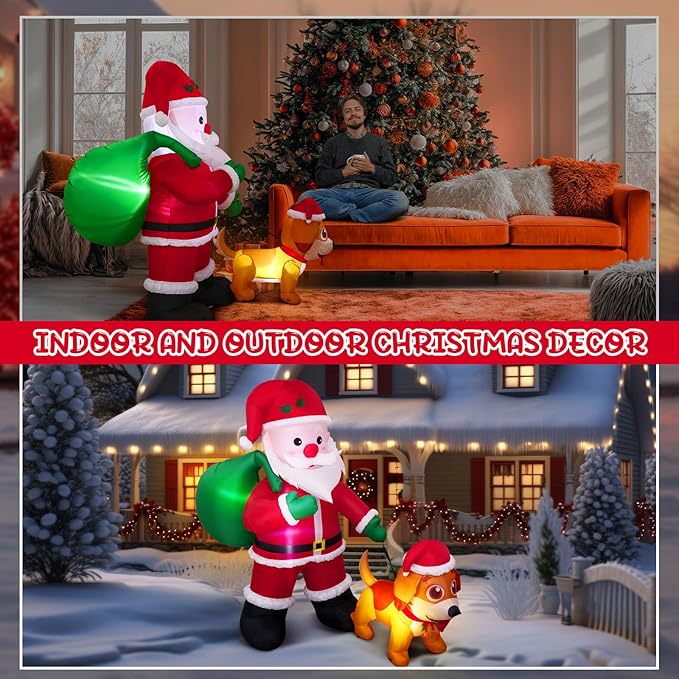 Leyndo 6 FT Christmas Inflatable Santa Claus Outdoor with a Gift Bag and a Dog Blow Up Decoration with LED Lights Cute Xmas for Holiday Party Yard Garden Lawn Decor