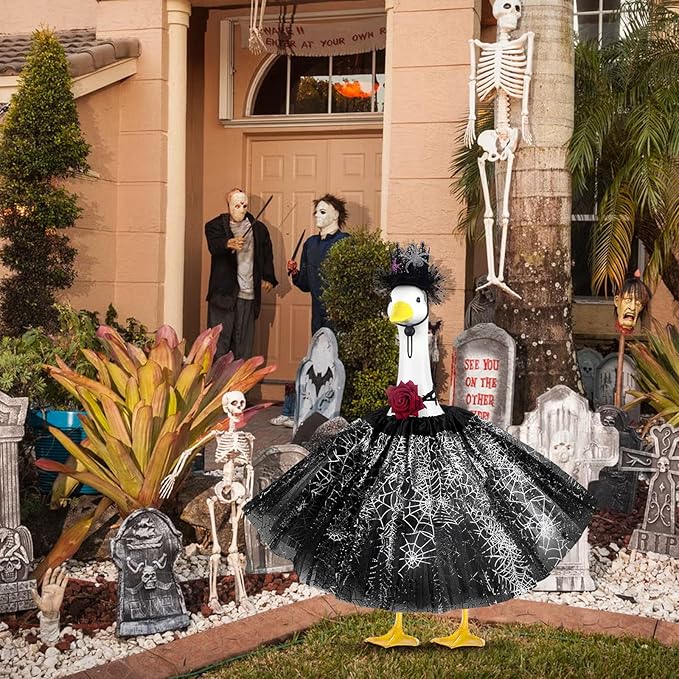 Halloween Porch Goose Outfits and Goose Clothes Fits 23" Plastic Cement Statues, Black Goose Outfit Costume with Rose Necklace for Outdoor Patio Yard Lawn Party