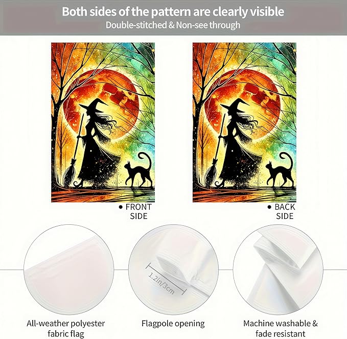 Halloween Garden Flag 12 X 18 Flag Witch And Black Cat Garden Flag Witch And Cat Design Moonlight Silhouette And Colorful Night Sky For Outdoor Yard And Patio Lawn Decoration Banner