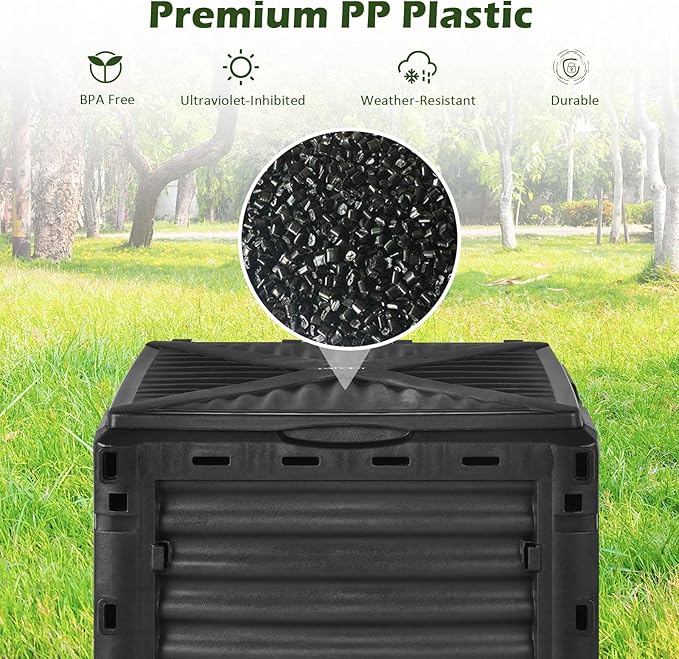 Happygrill Outdoor Compost Bin, Composting Box w/Top Flip Latch-on Lid,80 Gallons Composter for Kitchen Waste & Garden Scraps, Compost Barrel for Fast Creation of Fertile Soil (Black+Green)