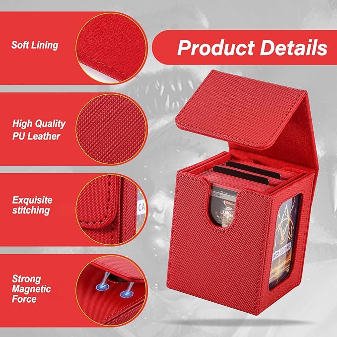MTG Deck Box, Double Display Window MTG, Commander Deck Box Fits 120+ Single Sleeved Cards, PU Leather Magnetic Closure Card Box with 2 Dividers&2 Toploaders for TCG, CCG, Red