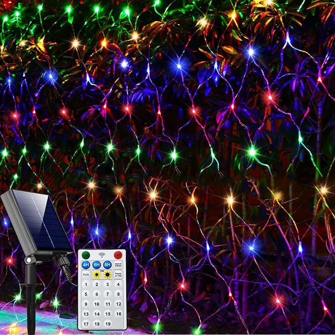 Solar Net Lights Outdoor Mesh Lights Multicolor, 200 LED Net Lights Christmas Colorful, Waterproof 19 Modes Timer Tree Wrap Lights for Fence, Garden, Yard, Bushes, Trunk, Halloween Decor-9.8ft x 6.6ft