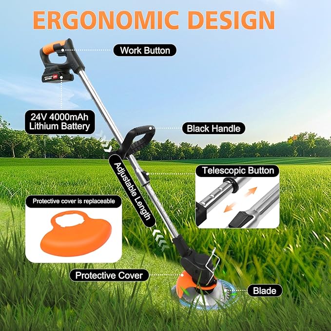 24V Electric Weed Wacker, Cordless String Trimmers with 2 Batteries & Charger, 3 in 1 Stringless Brush Cutter/Weed Eater/Edger/Lawn Mower with 3 Types Blade & Wheels for Garden and Yard Lawn