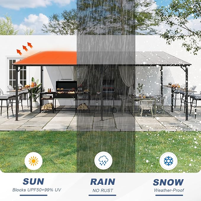 MEISSALIVVE 12' x 20' Wall Mounted Gazebo, Outdoor BBQ Grill Gazebo with Side Shelf, Lean to Metal Awnings with Sloped Roof, Heavy Duty Pergola for Backyard, Deck, Black