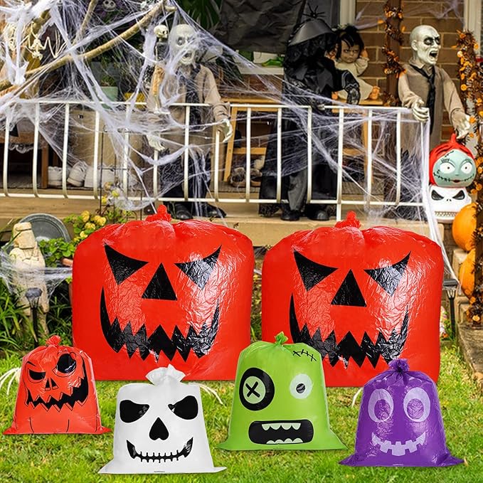 Halloween Pumpkin Leaf Bags, 10 Pcs Large Reusable Plastic Yard Trash Bags with Twist Ties for Fall Porch Decorations, Garden Waste & Outdoor Halloween Decorations