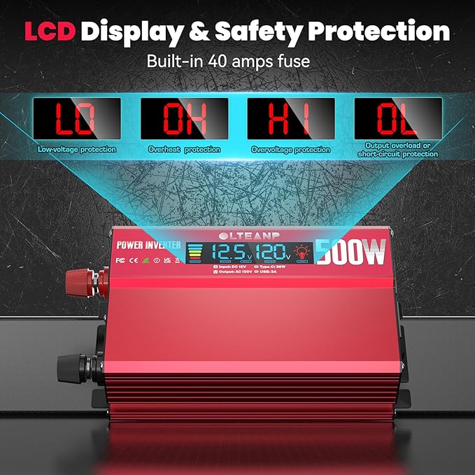 500W Power Inverter with LCD Screen Display, 2 AC Outlets, 36W Type-C Port, 5V/3A USB Port, 12V DC to 110V/120V AC Inverter for Truck, Home, Vehicles, Laptop, Trip