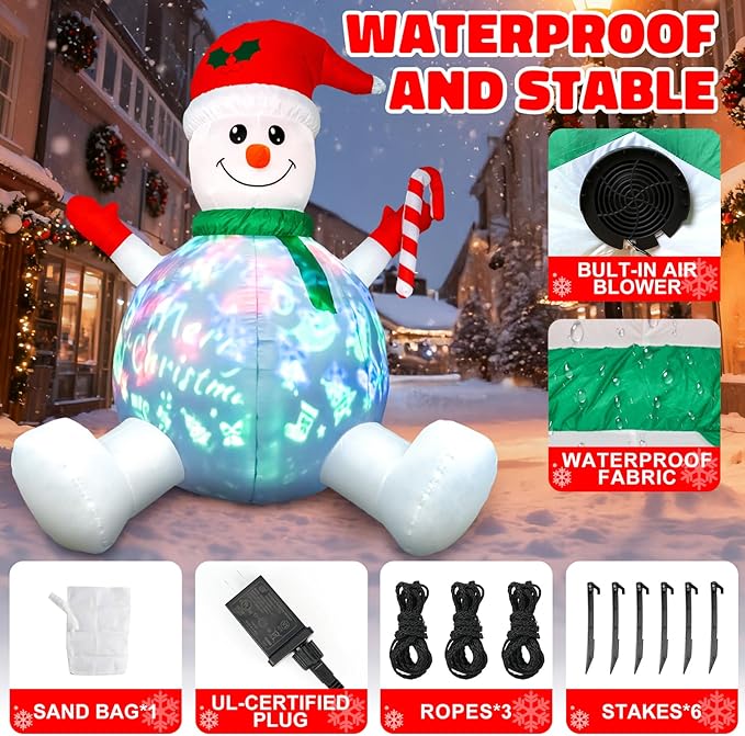 HFO 6ft Tall Christmas Inflatable Outdoor Decorations, Blow up Yard Decor with Christmas Snowman Sang Along with The Music Projection, Bright LED Lights Holiday Outdoor Decorations