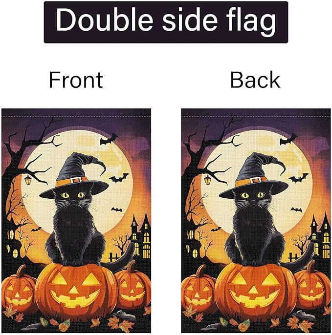 Louise Maelys Halloween Garden Flag Black Cat Witch Hat Pumpkin 28x40 Inch Double Sided Boo Moon Holiday Seasonal Fall Autumn Large Burlap Yard Sign Outside Outdoor House Decoration