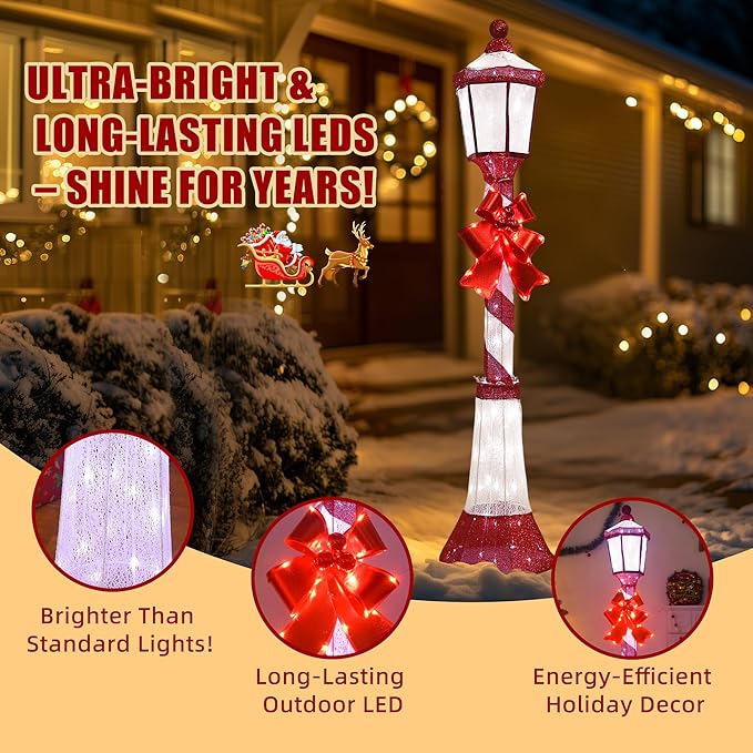 60Inch Outdoor Christmas Decorations Outdoor Lighted Lamp Post 3D Lamppost LED Lighted Display with 128 LED Lights&Bow, Holiday Decorations for Yard, Porch, Patio (2-Pack)