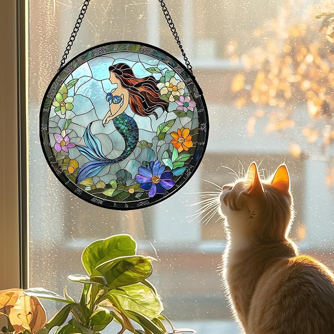 Stained Glass Window Hanging - Light Blue Mermaid Suncatcher for Door Terrace Garden Home Decor, Ocean Flowers Sun Catcher Birthday Gifts for Lovers Women Men Dad Mom Nana 11.8 in