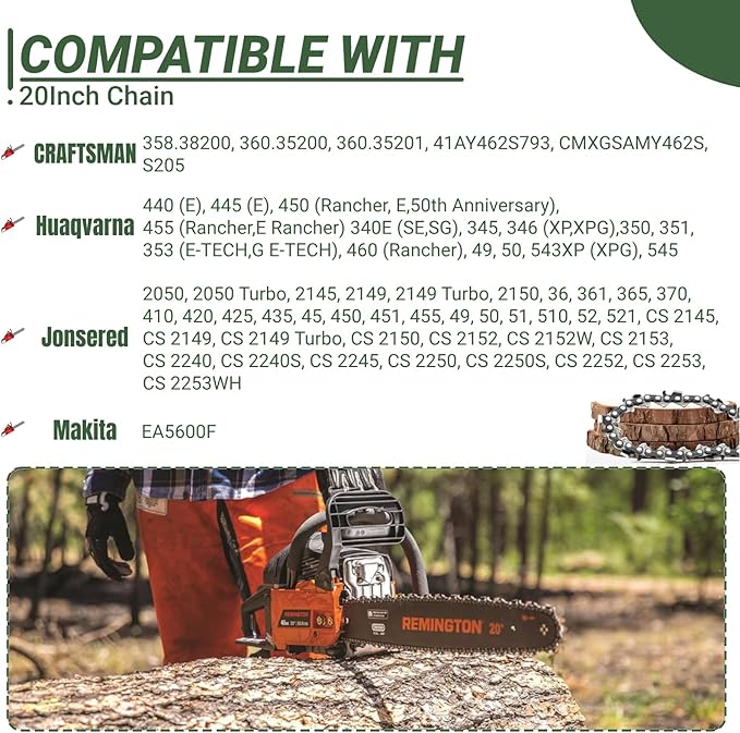 20 Inch Chainsaw Chain 80 Drive Links .325" Pitch .050" Gauge Compatible with Fits Husqvarna450 Rancher,4435E,440E,445E,450E,Jonsered CS2252 MAKITA EA5600F Craftsman S205 and More (4Pack)