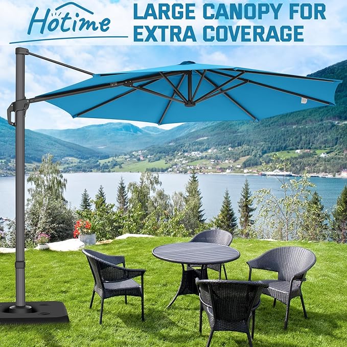 Hotime 10ft Patio Umbrella Outdoor Patio Windproof and Height adjustable, Heavy Duty Aluminum Round Offset Patio Umbrella Cantilever Pool Umbrella with 360°Rotation for Garden Deck Pool, Light Blue
