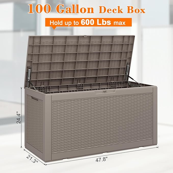 LHBcraft 100 Gallon Outdoor Storage Box Waterproof, Lockable Patio Storage Boxes Outdoor Waterproof for Furniture, Resin Deck Box Doubles as 2-Person Bench Seat, Gardening Tools, Grey
