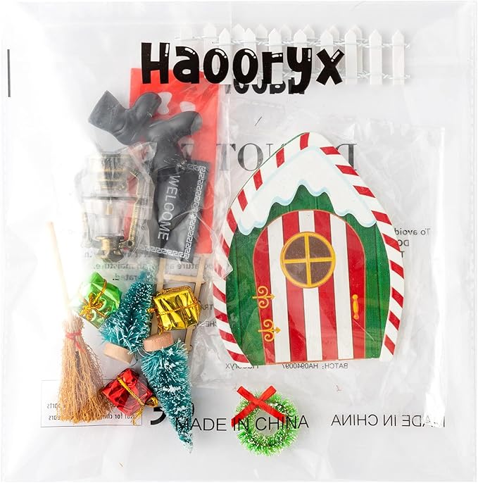 Haooryx Christmas Elf Garden Miniatures - 16Pcs Christmas Wooden Miniature Magic Fairy Doors Decoration Kit Elf Magic Door Wall Fairies Xmas Winter Xmas New Year Decor(Dripping Snow Doorframe)