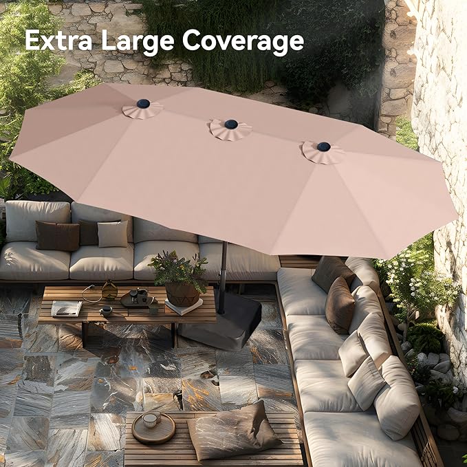 PHI VILLA 15ft Large Patio Umbrellas with Base Included, Outdoor Double-Sided Rectangle Big Market Umbrella with Stand, Outside Umbrellas for Poolside Lawn Backyard, Beige