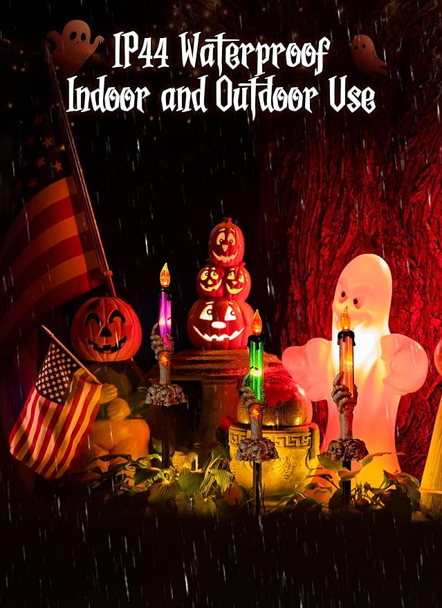 Halloween Decorations, 2 x 6 Pack Skeleton Hands Hold Lighted Candle Stakes, Waterproof Battery Operated Pathway Decor with Timer, Light Up for Tabletop Indoor Outdoor Party Lawn Yard Garden