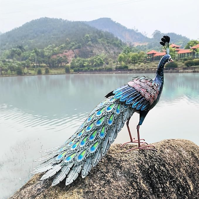 Kircust Metal Peacock Statue for Outdoor Decor - 24" L Elegant Peacock Sculpture for Garden, Patio, Yard, or Home - Weatherproof & Handcrafted Peacock Art