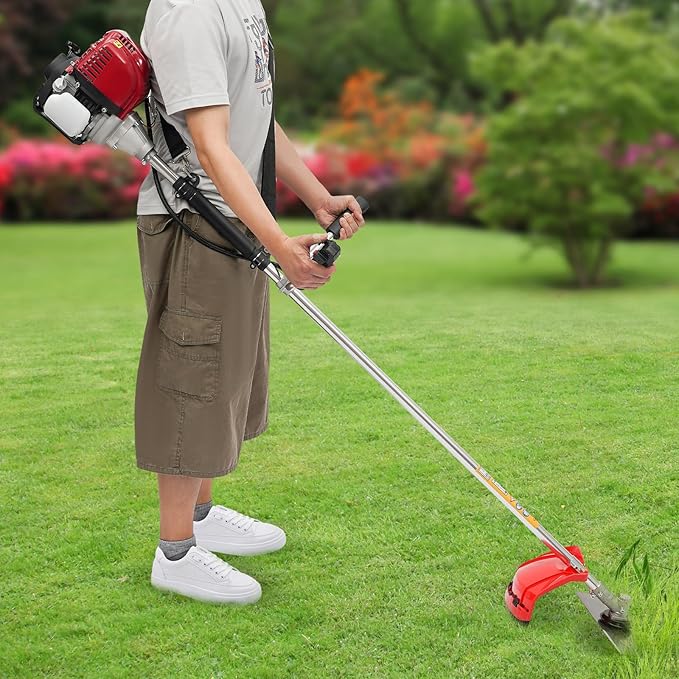38.3CC Weed Wacker Gas Powered, 4-Cycle Brush Cutter and Gas String Trimmer with 5.24ft Long Rod, 1.3-1.4HP Lawn Edger Grass Trimmer Tools Included Auxiliary Handle & Shoulder Strap for Lawn Care