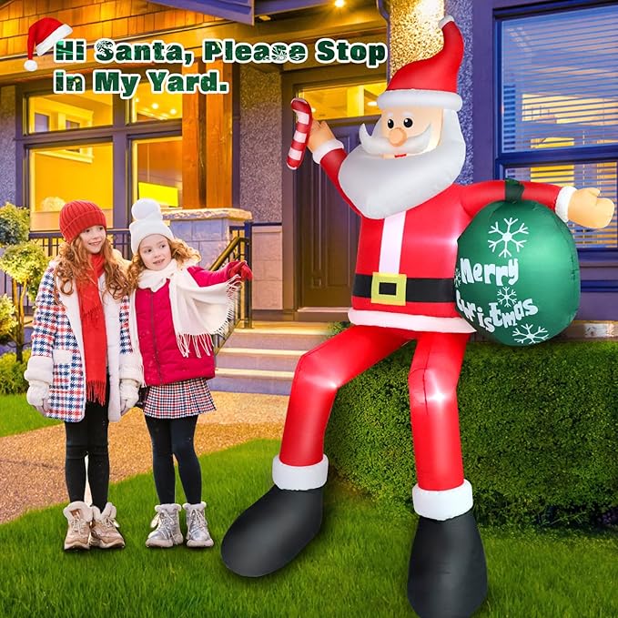 8 FT Christmas Inflatable Santa Claus Outdoor Decorations, Blow up Sitting Santa Claus with Gift Bag, Climbing Santa Carrying Present Sack Sitting on Roof, Xmas Yard Patio Bench Shrubs Indoor Decor