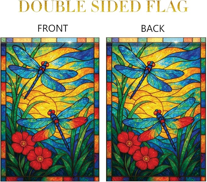 Spring Summer Dragonfly Stained Glass Garden Flag 12x18 Inch Vertical Double Sided Vibrant Outdoor Decor for Yard Lawn Patio Garden Flag for Seasonal Home and Garden Decoration