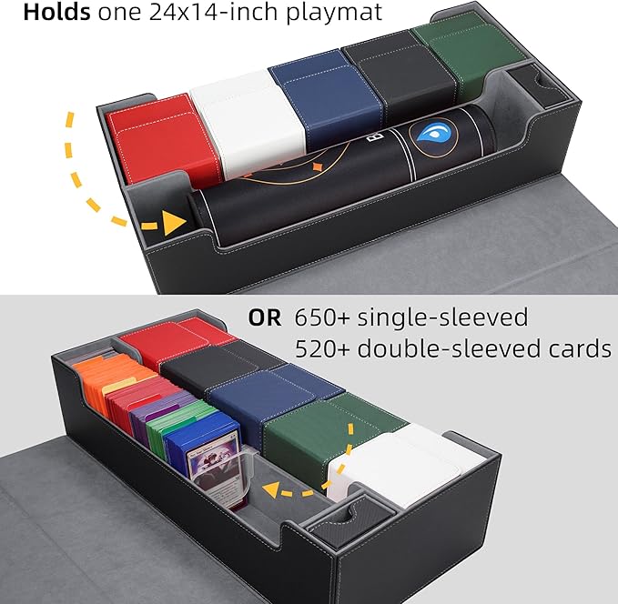 AFIING Mtg Deck Box Holds 5 Display Card Deck Boxes with Mtg Playmat & Dice Box,10 Dividers,1Card supporter, Trading Card Storage Box for Magic Yugioh Sports Cards (Black &Grey)