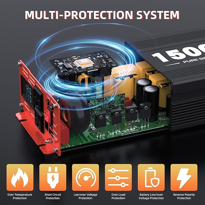 1500 Watt Pure Sine Wave Power Inverter DC 12V to 120V AC, with 2 AC,18W USB, and 30W Type-C Charging Ports, Car Solar Power Inverters with LCD Display for Home RV Truck, Surge 3000W(1500W-12V)