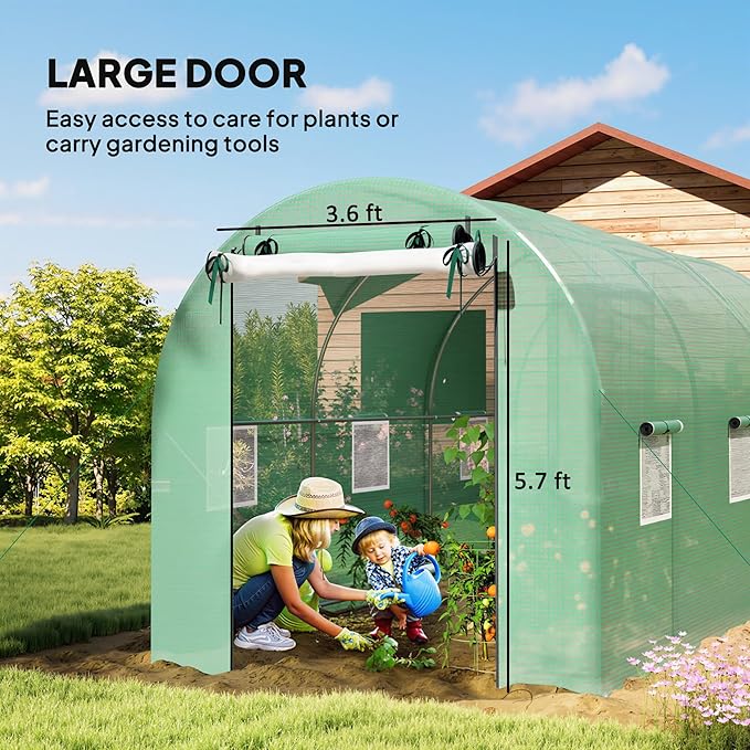 Outsunny 14.6'x6.5'x6.6' Hoop House Greenhouse with 2 Support Rods, Zippered Roll-up Mesh Door, Mesh Windows, Walk-in Tunnel Greenhouse with PE Cover, Galvanized Steel Frame, Outdoor Garden, Green