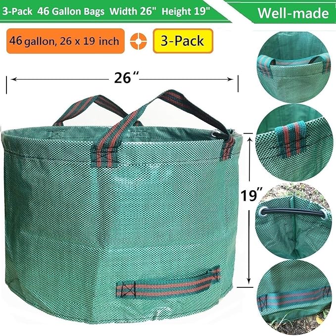 Standard 3-Pack 46 Gallon Yard Garden Bags (D26, H19 inch) with Garden Gloves, Leaf Bags,Yard Waste Bags,Recycling Bag,Camping Waste Bin,Laundry Bag,Lawn Debris,Grass Clippings,Weeds Barrel 4 Handles