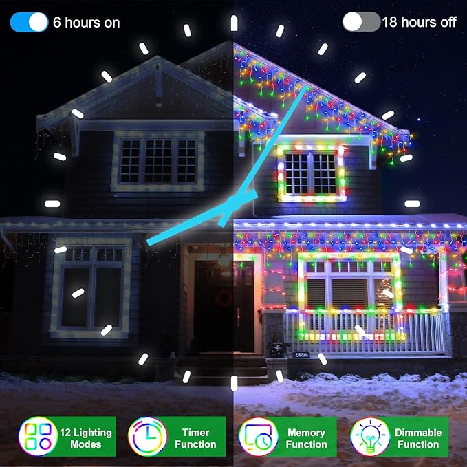 60FT 612 LED Outdoor Christmas Lights - 136 Ice Drops, 12 Pro Modes with Timer Memory & Brightness, Waterproof Hanging Ice String Light for Holiday Wedding Garden Fence House Decor (Multicolor)