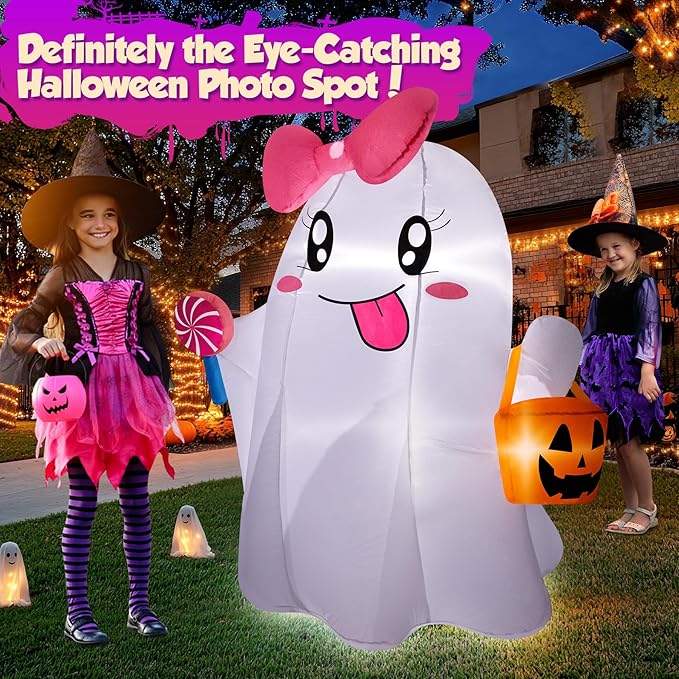 5FT Halloween Inflatables Ghost, Cute Halloween Decorations Outdoor Blow Up Yard Decorations with Built-in Bright LED Lights Pumpkin Lollipop Bow Blow-ups for Indoor Outdoor Holiday Party
