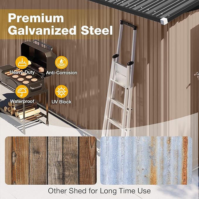 10x12 FT Outdoor Storage Shed with Floor & Lockable Double Doors, Heavy-Duty Galvanized Steel Outdoor Metal Shed for Bike, Tool, Generator Storage in Backyard, Patio (10’x12’, Floor)