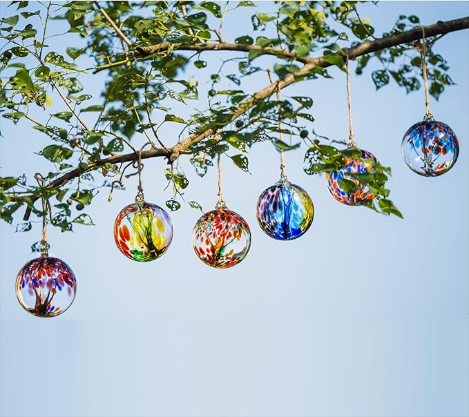 4” Tree of Life Witch Balls, Gazing Balls Hanging Friendship Balls, Hand-Blown Glass Christmas Ornament for Window Outdoor Home Decor, Garden Patio Decoration, Gifts for Women (Blue)
