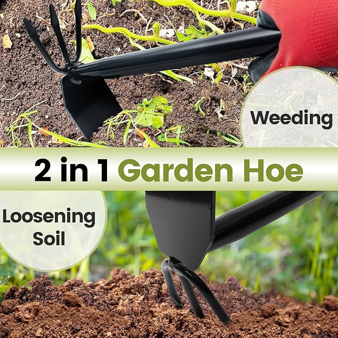 2 Pcs Garden Tool Set, Heavy Duty 2 in 1 Garden Hoe and V-Shaped Garden Trowel, Durable Gardening Hand Tools for Weeding, Loosening Soil, Transplanting