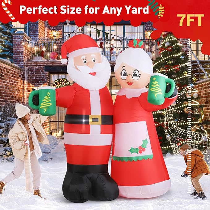 Elegear 7FT Animated Christmas Inflatables Santa Claus Outdoor Decorations, Cheers Santa Inflatable Christmas Decorations with Built-in LEDs, Christmas Blow Up Yard Decorations for Garden Lawn Outdoor