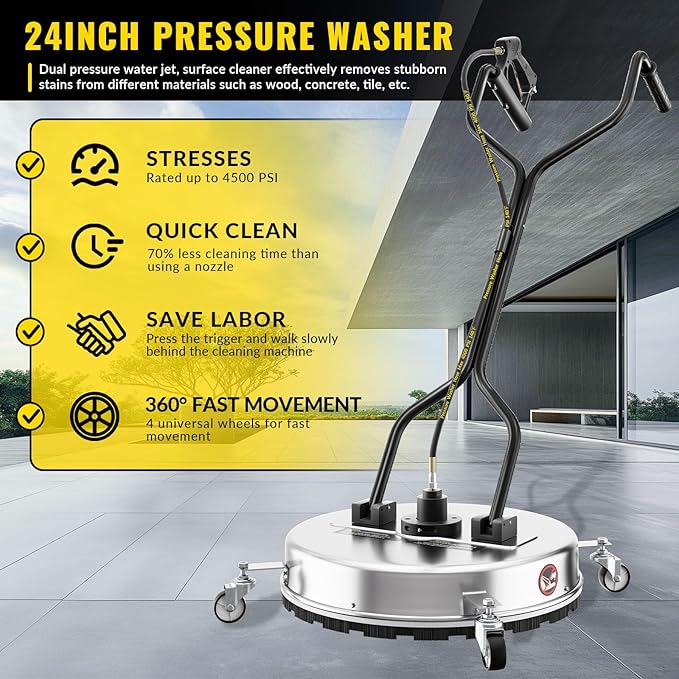 Doniks 24 Inch Pressure Washer Surface Cleaner with 4 Wheels,Dual Handle,Stainless Steel Housing,4500 PSI Power Washer Accessory for Concrete, Patio, Sidewalk, Deck, Driveways and Daily Washing