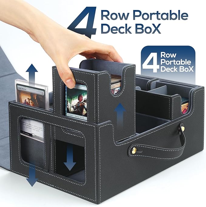 Trading Card Storage Box for MTG, card storage box with Commander Display，Multi-purpose Deck Case for MTG TCG Sports Card, 4 Toploaders, 4 Stoppers, 4 Colorful Dividers (Black & Grey)