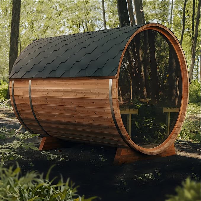 ZONEMEL Customize Outdoor Steam Saun, Traditional Barrel Sauna for 4-8 Person, Canadian Pine/Hemlock/Cedar, Porch Option, Window Selection, Wood Burning Stove (0-195 °F)