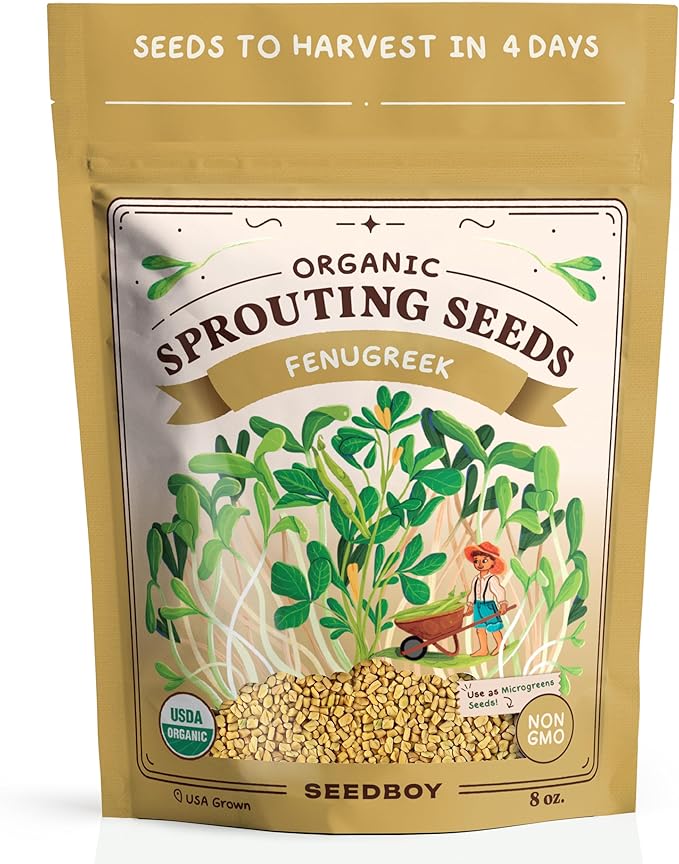 Organic Fenugreek Seeds for Sprouting - Non-GMO, USA Grown Fenugreek Microgreens Sprouting Seeds Mix - Makes 8 Quarts of Sprouts, 24 Servings (8 oz) (Fenugreek)