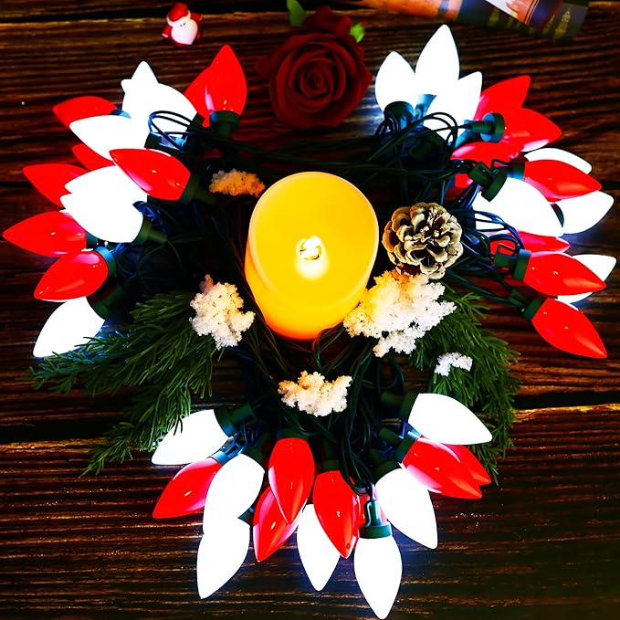 Red&White C9 Big Bulbs Classic Christmas Lights 50 LED 32ft Strawberry Light - Waterproof Green Wire Fairy Lights, for Indoor Outdoor Home Yard Xmas Tree Decorations (Red White - 50LED)