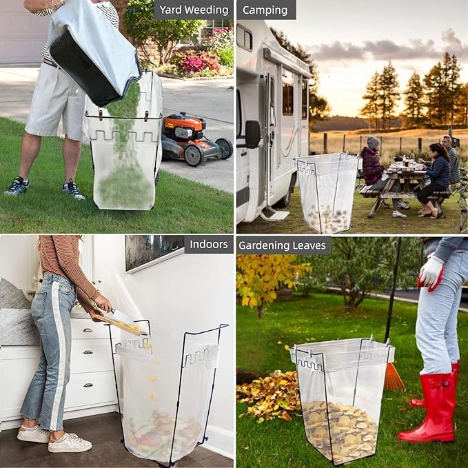 2PCS Garden Trash Bag Holder - Outdoor Leaf Bag Support Stand Multi-Use Metal Garbage Bag Holder Frame Holds 30-45 Gallons Bag for Leaves, Camping, Yard Weeding, Lawn Party
