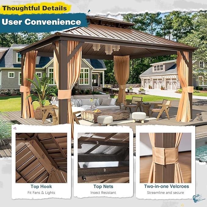 MELLCOM 12'x14' Hardtop Gazebo, Metal Double Roof Aluminum Gazebos with Curtain and Netting,Brown Permanent Galvanized Steel Pavilion for Patio, Lawn & Deck