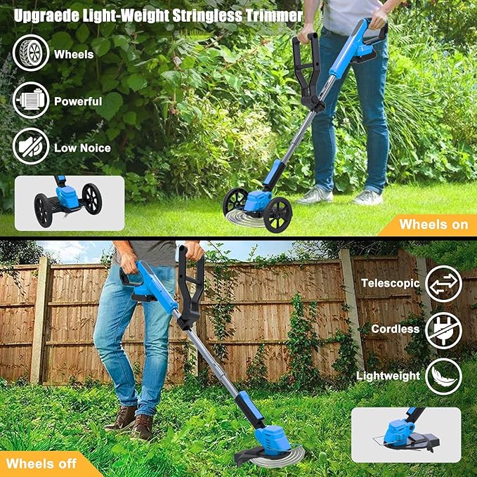Cordless Weed Wacker Eater Battery Powered, 21V Lightweight Electric Weed Trimmer with 2 Battery Operated & Charger& Wheels & Shears, No-String Grass Trimmer/Brush Cutter/Lawn Edger for Yard Garden