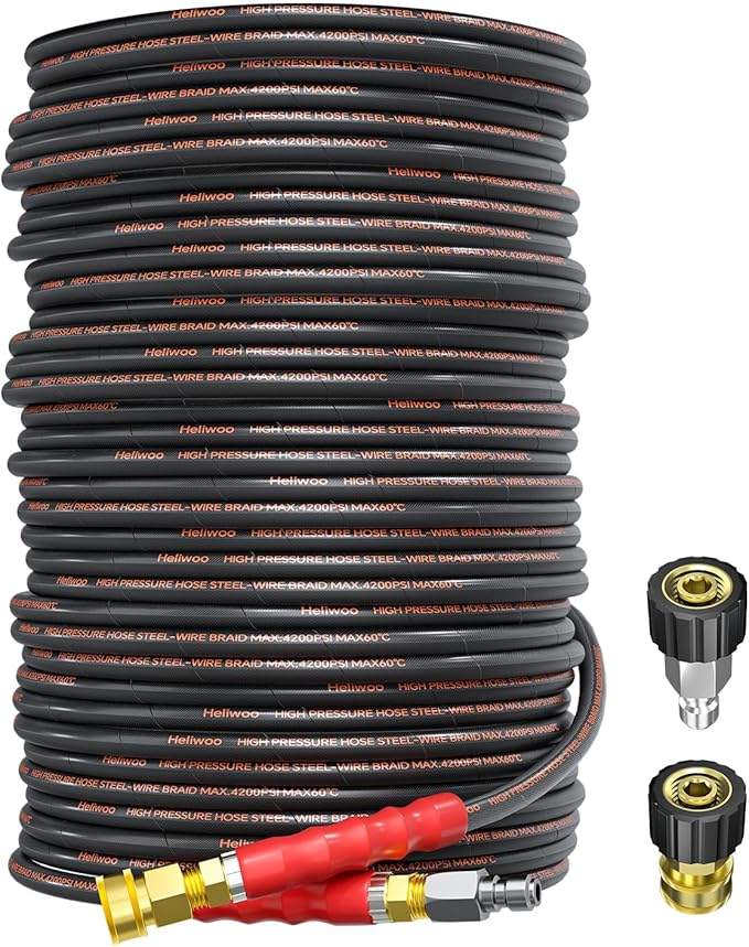 150ft Pressure Washer Hose 4200 PSI, Kink Resistant Industrial Grade Hose with 3/8 Quick Connect Ends and Adapters for Hot & Cold Water up to 140°F, Steel Wire Braided Hose for Power Washing