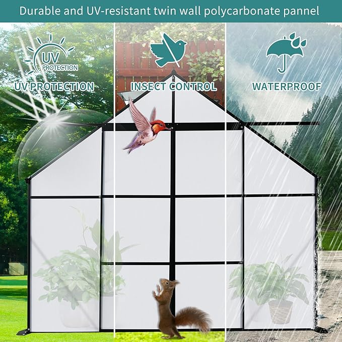 Favfurish 8X6 FT Greenhouses for Outdoors,Double Sliding Door Polycarbonate Greenhouse,Heavy Duty Walk-in Greenhouse, Drainage System & Galvanized Frame for Garden Backyard, Black