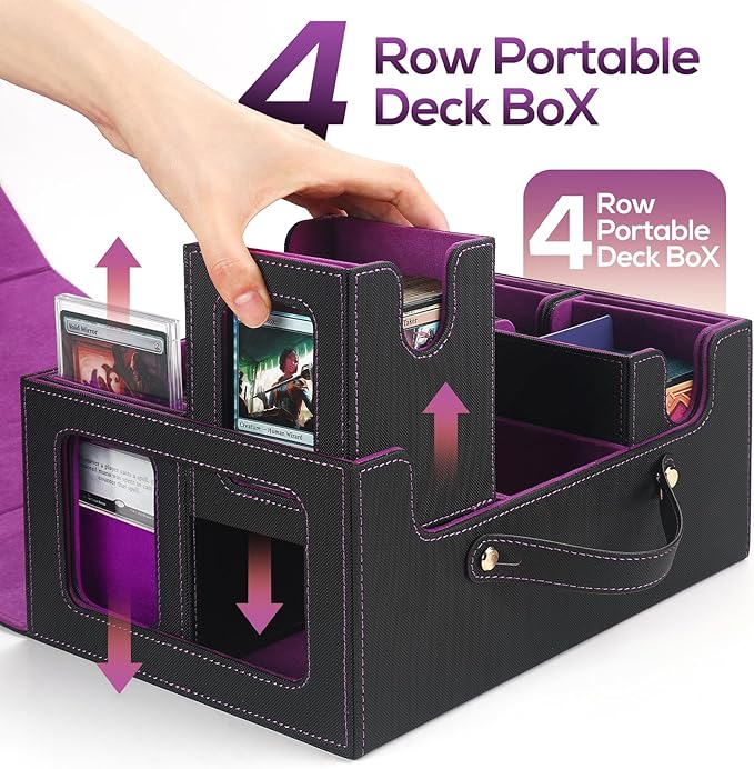 Trading Card Storage Box for MTG, card storage box with Commander Display，Multi-purpose Deck Case for MTG TCG Sports Card, 4 Toploaders, 4 Stoppers, 4 Colorful Dividers (Black & Purple)