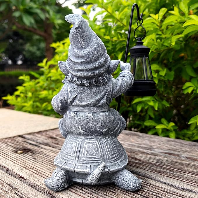 Garden Gnome Statue Riding Turtle - Garden Gnomes Decorations with Solar LED Lights, 7.9" Outdoor Resin Figurine Ornament for Patio, Yard, Funny Lawn Decor (Gray)