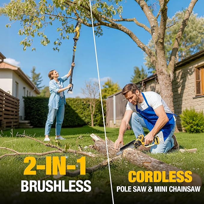 2-IN-1 Cordless 8-Inch Pole Saw & Chainsaw for DeWALT 20V MAX Battery - 1200W Brushless Motor, Total Reach of Max 15.9 FT, Lightweight, 8"&6"Electric Pole Saws for Tree Trimming Pruning (Tool Only)