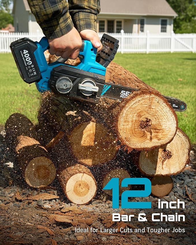 SEESII Electric Chainsaw Cordless 12-inch: Brushless Battery Powered Small Chainsaw, 2 x 4.0Ah Batteries, Auto-Tension and Oiling Mini Chain Saw for Christmas Dad Men Gifts, Tree Cutting Trimming