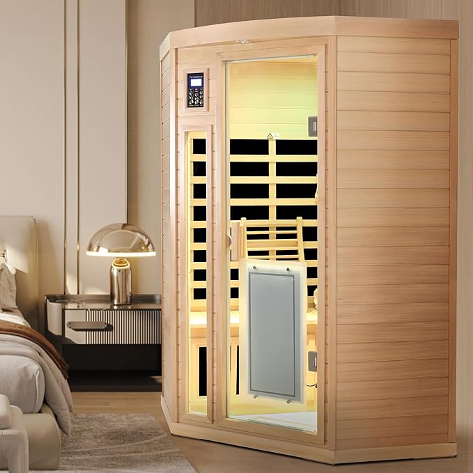 2-3 Person Infrared Sauna, 0-5mg Low EMF Infrared Saunas for Home, Indoor Home Sauna Spa, Hemlock Wooden Corner Sauna Room, Bluetooth Speakers, Chromotherapy Lights
